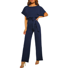 Load image into Gallery viewer, Rompers Women Overalls Jumpsuit Elegant Office Lady Sashes Loose Straight Short Sleeve Long Leg Kombinezony Combinaison Femme