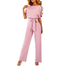 Load image into Gallery viewer, Rompers Women Overalls Jumpsuit Elegant Office Lady Sashes Loose Straight Short Sleeve Long Leg Kombinezony Combinaison Femme