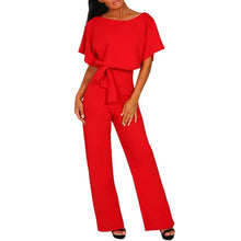 Load image into Gallery viewer, Rompers Women Overalls Jumpsuit Elegant Office Lady Sashes Loose Straight Short Sleeve Long Leg Kombinezony Combinaison Femme