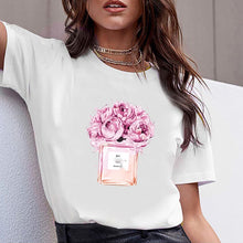 Load image into Gallery viewer, Women Clothes Print Flower Perfume Bottle Sweet Short Sleeve Tshirt Printed Women Shirt T Female T-shirt Top Casual Woman Tee