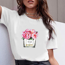 Load image into Gallery viewer, Women Clothes Print Flower Perfume Bottle Sweet Short Sleeve Tshirt Printed Women Shirt T Female T-shirt Top Casual Woman Tee