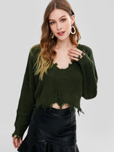 Load image into Gallery viewer, ZAFUL Tassel Deep V Knitted Pullover Female Autumn Winter Long Sleeve Knit Crochet Sweater Women Cropped Jumper Pull Top Sweater