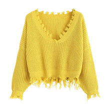 Load image into Gallery viewer, ZAFUL Tassel Deep V Knitted Pullover Female Autumn Winter Long Sleeve Knit Crochet Sweater Women Cropped Jumper Pull Top Sweater