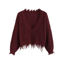 Load image into Gallery viewer, ZAFUL Tassel Deep V Knitted Pullover Female Autumn Winter Long Sleeve Knit Crochet Sweater Women Cropped Jumper Pull Top Sweater