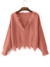 Load image into Gallery viewer, ZAFUL Tassel Deep V Knitted Pullover Female Autumn Winter Long Sleeve Knit Crochet Sweater Women Cropped Jumper Pull Top Sweater