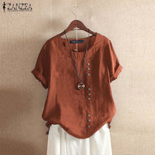 Load image into Gallery viewer, ZANZEA Summer O Neck Short Sleeve Blouse Women Cotton Linen Shirt Casual Loose Buttons Tops Femininas Blusas Work Top Chemise
