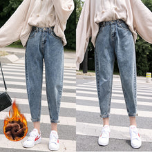 Load image into Gallery viewer, LIBERJOG Woman Jeans Velvet Thickening Harem Pants Loose Mid Waist Wide Leg Ankle Length Winter Thin Pants