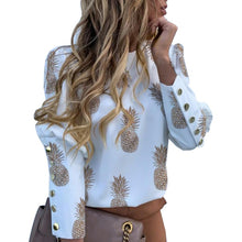 Load image into Gallery viewer, Puff Shoulder Blouse Shirts Office Lady New Autumn Metal Buttoned Detail Blouses Women Pineapple Print Long Sleeve Top