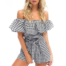 Load image into Gallery viewer, Off Shoulder Women Slim Plaid Jumpsuit 2017 Summer Beachwear Ruffles Playsuit Ladies Overalls Romper Combinaison Femme
