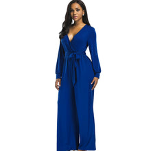 Load image into Gallery viewer, 2018 sexy V neck Wide Leg Pants Elegant jumpsuits romper Blue Long Sleeve Plus Size tunic Overalls For Women Combinaison Femme