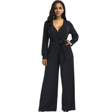 Load image into Gallery viewer, 2018 sexy V neck Wide Leg Pants Elegant jumpsuits romper Blue Long Sleeve Plus Size tunic Overalls For Women Combinaison Femme