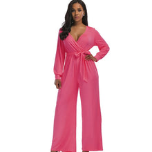 Load image into Gallery viewer, 2018 sexy V neck Wide Leg Pants Elegant jumpsuits romper Blue Long Sleeve Plus Size tunic Overalls For Women Combinaison Femme