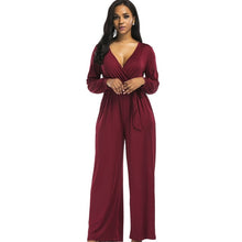 Load image into Gallery viewer, 2018 sexy V neck Wide Leg Pants Elegant jumpsuits romper Blue Long Sleeve Plus Size tunic Overalls For Women Combinaison Femme
