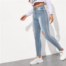 Load image into Gallery viewer, SweatyRocks Stripe Side Ripped Skinny Jeans Leisure Stretchy Long Denim Pants 2019 Spring Women Streetwear Casual Blue Jeans
