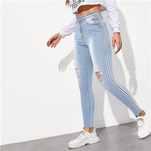 Load image into Gallery viewer, SweatyRocks Stripe Side Ripped Skinny Jeans Leisure Stretchy Long Denim Pants 2019 Spring Women Streetwear Casual Blue Jeans
