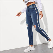 Load image into Gallery viewer, SweatyRocks Stripe Side Ripped Skinny Jeans Leisure Stretchy Long Denim Pants 2019 Spring Women Streetwear Casual Blue Jeans

