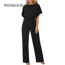 Load image into Gallery viewer, Rompers Women Overalls Jumpsuit Elegant Office Lady Sashes Loose Straight Short Sleeve Long Leg Kombinezony Combinaison Femme

