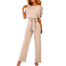 Load image into Gallery viewer, Rompers Women Overalls Jumpsuit Elegant Office Lady Sashes Loose Straight Short Sleeve Long Leg Kombinezony Combinaison Femme
