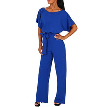 Load image into Gallery viewer, Rompers Women Overalls Jumpsuit Elegant Office Lady Sashes Loose Straight Short Sleeve Long Leg Kombinezony Combinaison Femme

