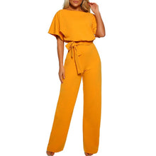 Load image into Gallery viewer, Rompers Women Overalls Jumpsuit Elegant Office Lady Sashes Loose Straight Short Sleeve Long Leg Kombinezony Combinaison Femme
