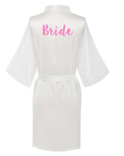 Load image into Gallery viewer, new bride bridesmaid robe with white black letters mother sister of the bride wedding gift bathrobe kimono satin robes
