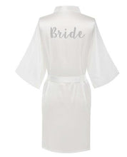 Load image into Gallery viewer, new bride bridesmaid robe with white black letters mother sister of the bride wedding gift bathrobe kimono satin robes
