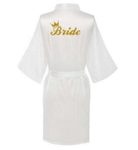 Load image into Gallery viewer, new bride bridesmaid robe with white black letters mother sister of the bride wedding gift bathrobe kimono satin robes
