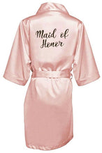 Load image into Gallery viewer, new bride bridesmaid robe with white black letters mother sister of the bride wedding gift bathrobe kimono satin robes
