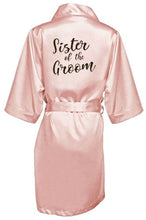 Load image into Gallery viewer, new bride bridesmaid robe with white black letters mother sister of the bride wedding gift bathrobe kimono satin robes
