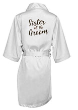 Load image into Gallery viewer, new bride bridesmaid robe with white black letters mother sister of the bride wedding gift bathrobe kimono satin robes
