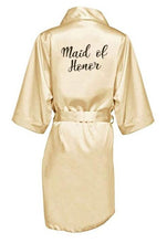 Load image into Gallery viewer, new bride bridesmaid robe with white black letters mother sister of the bride wedding gift bathrobe kimono satin robes
