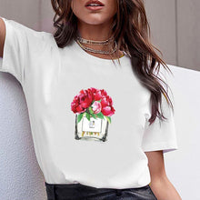 Load image into Gallery viewer, Women Clothes Print Flower Perfume Bottle Sweet Short Sleeve Tshirt Printed Women Shirt T Female T-shirt  Top Casual Woman Tee
