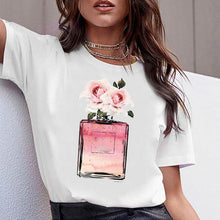 Load image into Gallery viewer, Women Clothes Print Flower Perfume Bottle Sweet Short Sleeve Tshirt Printed Women Shirt T Female T-shirt  Top Casual Woman Tee
