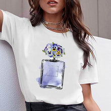 Load image into Gallery viewer, Women Clothes Print Flower Perfume Bottle Sweet Short Sleeve Tshirt Printed Women Shirt T Female T-shirt  Top Casual Woman Tee

