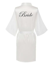 Load image into Gallery viewer, new bride bridesmaid robe with white black letters mother sister of the bride wedding gift bathrobe kimono satin robes
