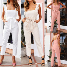 Load image into Gallery viewer, Women Linen Shirred Frill Sleeves Pockets High Waist Long Length Jumpsuit Ladies Belted Summer Holiday Combinaison Femme #5
