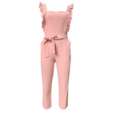 Load image into Gallery viewer, Women Linen Shirred Frill Sleeves Pockets High Waist Long Length Jumpsuit Ladies Belted Summer Holiday Combinaison Femme #5

