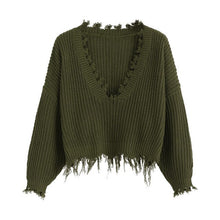 Load image into Gallery viewer, ZAFUL Tassel Deep V Knitted Pullover Female Autumn Winter Long Sleeve Knit Crochet Sweater Women Cropped Jumper Pull Top Sweater
