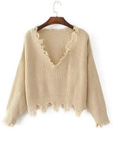Load image into Gallery viewer, ZAFUL Tassel Deep V Knitted Pullover Female Autumn Winter Long Sleeve Knit Crochet Sweater Women Cropped Jumper Pull Top Sweater
