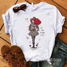 Load image into Gallery viewer, Funny IT Movie T-Shirt femme 2019 Summer Hot Stephen King Printed Tshirt Clown Custom halloween Pennywise T shirt women Tops Tee

