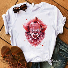Load image into Gallery viewer, Funny IT Movie T-Shirt femme 2019 Summer Hot Stephen King Printed Tshirt Clown Custom halloween Pennywise T shirt women Tops Tee
