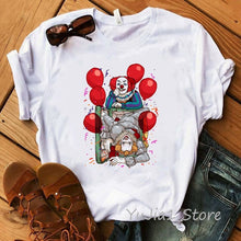 Load image into Gallery viewer, Funny IT Movie T-Shirt femme 2019 Summer Hot Stephen King Printed Tshirt Clown Custom halloween Pennywise T shirt women Tops Tee
