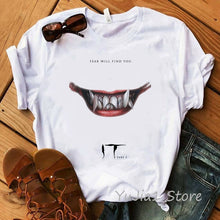Load image into Gallery viewer, Funny IT Movie T-Shirt femme 2019 Summer Hot Stephen King Printed Tshirt Clown Custom halloween Pennywise T shirt women Tops Tee
