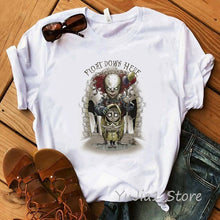 Load image into Gallery viewer, Funny IT Movie T-Shirt femme 2019 Summer Hot Stephen King Printed Tshirt Clown Custom halloween Pennywise T shirt women Tops Tee
