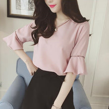 Load image into Gallery viewer, Summer Flare Sleeve Chiffon Blouse Shirt Women Tops Work Wear Office Blusa Feminina Shirts Hollow Out Blouses
