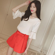Load image into Gallery viewer, Summer Flare Sleeve Chiffon Blouse Shirt Women Tops Work Wear Office Blusa Feminina Shirts Hollow Out Blouses
