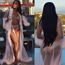 Load image into Gallery viewer, Sexy Women Sleepwear Lingerie Lace Perspective Long Robe long sleeve Bathrobe Chiffon Nightwear Babydoll Fur Robe Dress 3 colors
