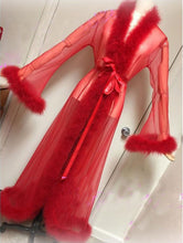 Load image into Gallery viewer, Sexy Women Sleepwear Lingerie Lace Perspective Long Robe long sleeve Bathrobe Chiffon Nightwear Babydoll Fur Robe Dress 3 colors
