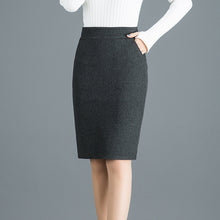 Load image into Gallery viewer, Woman High Waist Wool Pencil Skirt Women Spring Autumn Formal Bodycon Skirts Knee Length Work Wear Solid Black Grey Saias Jupe

