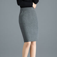 Load image into Gallery viewer, Woman High Waist Wool Pencil Skirt Women Spring Autumn Formal Bodycon Skirts Knee Length Work Wear Solid Black Grey Saias Jupe
